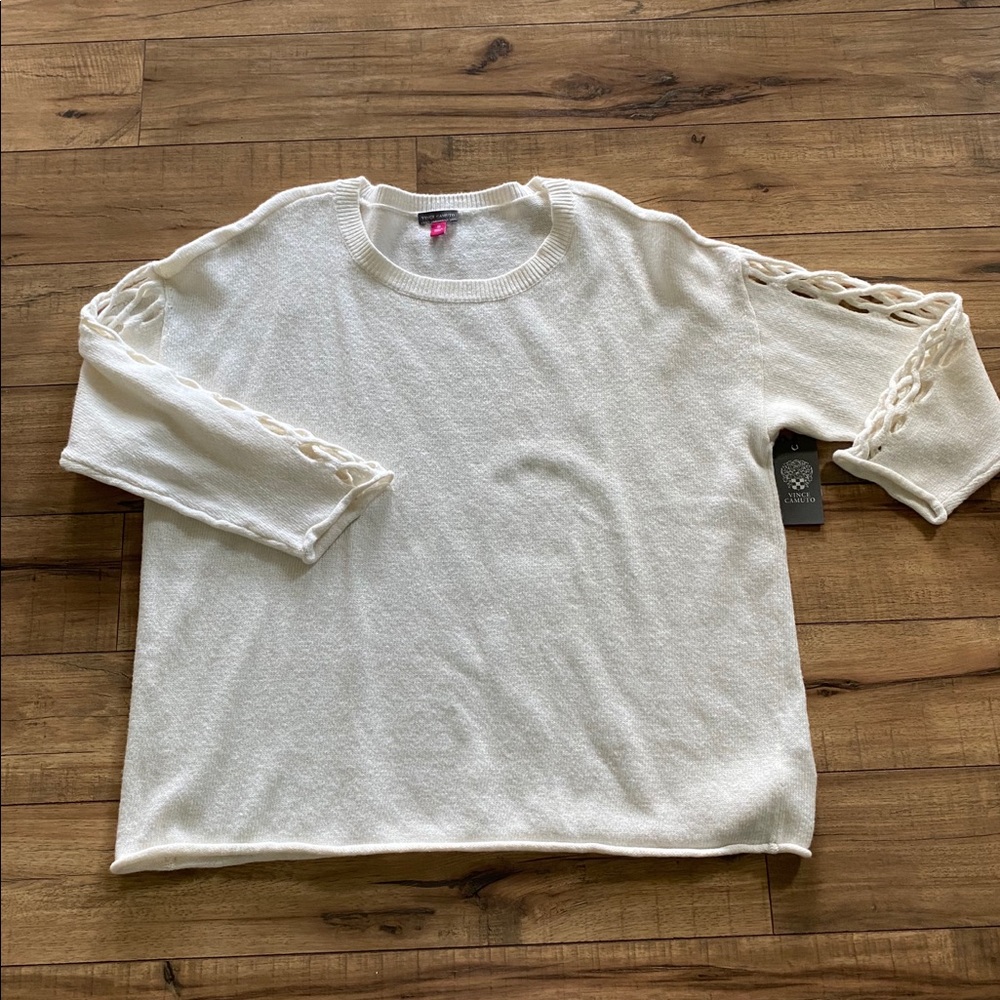 Vince Camuto Lattice Sleeve Sweater White 3X